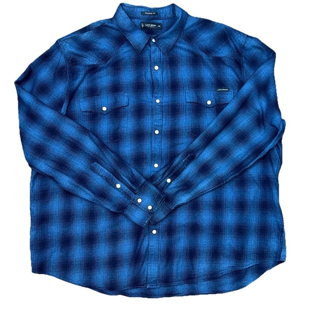 Lucky Brand Mens Plaid Shirt Mesa Western XXL Long Sleeve Blue Black Pearl Snap